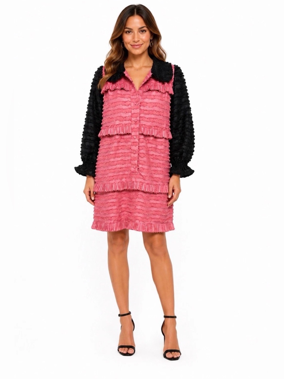BURU Peter Pan Collar Mini Dress XS Pink Black Ruffle Fringe Long Sleeve